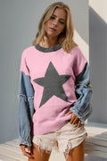 Double Take Full Size Star Pattern Raw Edge Long Sleeve Sweater - Hovatok
