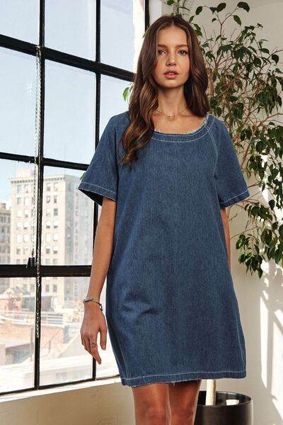 ADORA Raw Hem Mini Denim Dress with Pockets - Hovatok