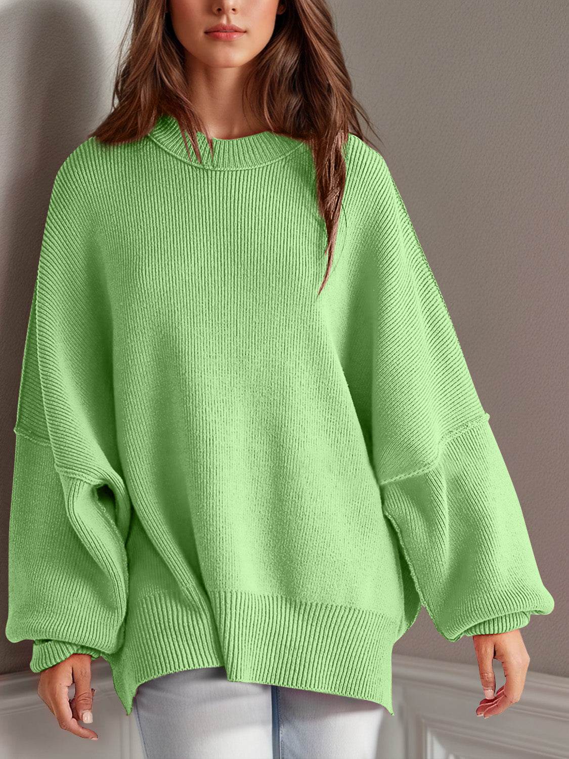 Double Take Side Slit Round Neck Long Sleeve Sweater - Hovatok