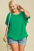 Umgee Full Size Raw Hem Ruffle Short Sleeve Blouse Plus Size - Hovatok