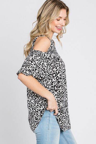 Heimish Full Size Leopard Round Neck Cold Shoulder T-Shirt Plus Size - Hovatok