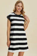 Basic Bae Full Size Striped Round Neck Cap Sleeve Mini Dress - Hovatok