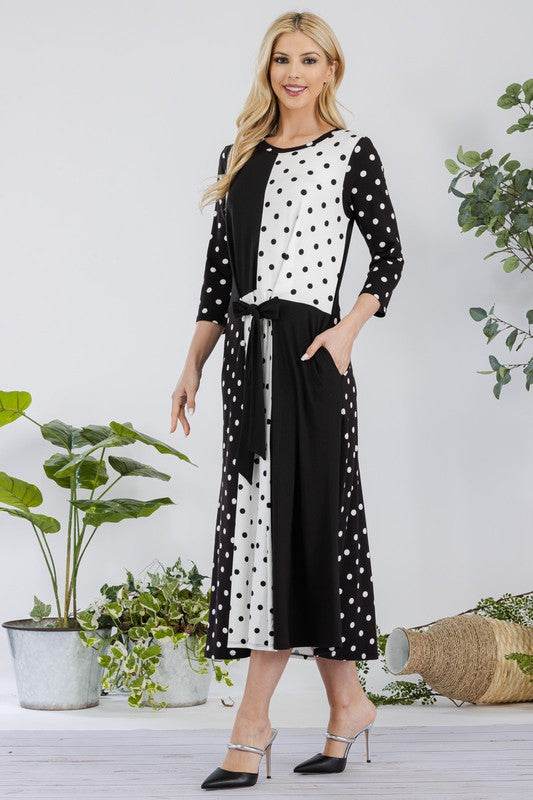 Celeste Full Size Polka Dot Front Tie Midi Dress Plus Size - Hovatok