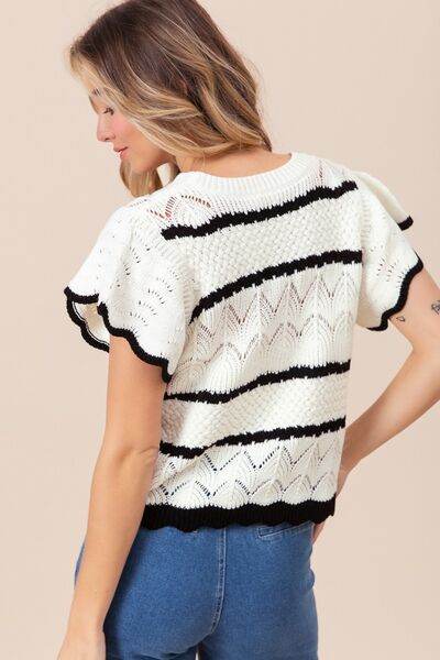 BiBi Pointelle Contrast Striped Short Sleeve Knit Top - Hovatok