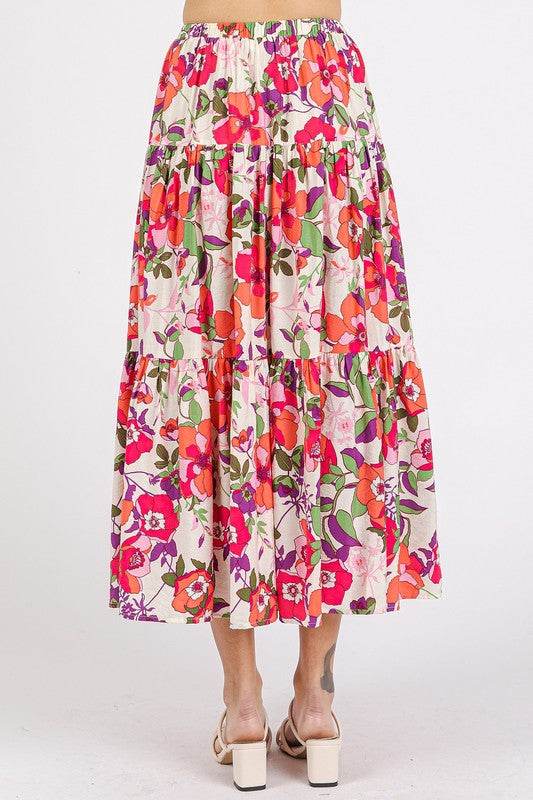 Mittoshop Flower Print Elastic Waist Tiered Skirt - Hovatok