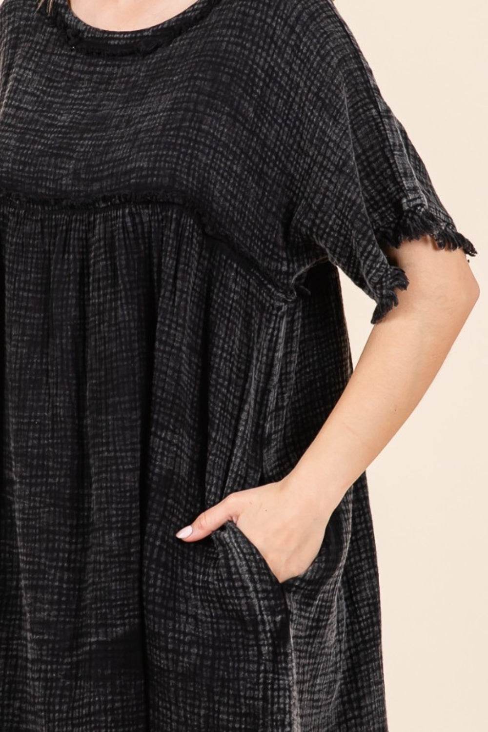 Culture Code Full Size Short Sleeve Babydoll Texture Dress with Pockets - Hovatok