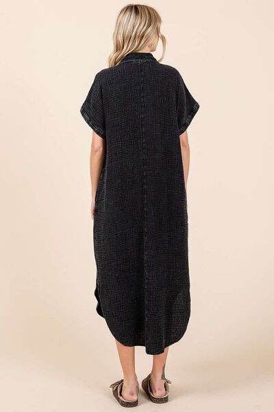Mittoshop Mineral Wash V Neck Button Up Midi Shirt Dress - Hovatok