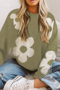 Round Neck Floral Pattern Color Contrast Design Long Sleeve Sweater - Hovatok