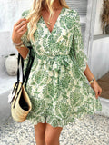 Devine Printed Surplice Ruffled 3/4 Sleeve Mini Dress - Hovatok