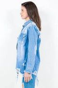 American Bazi Frayed Hem Distressed Denim Shirt Jacket - Hovatok