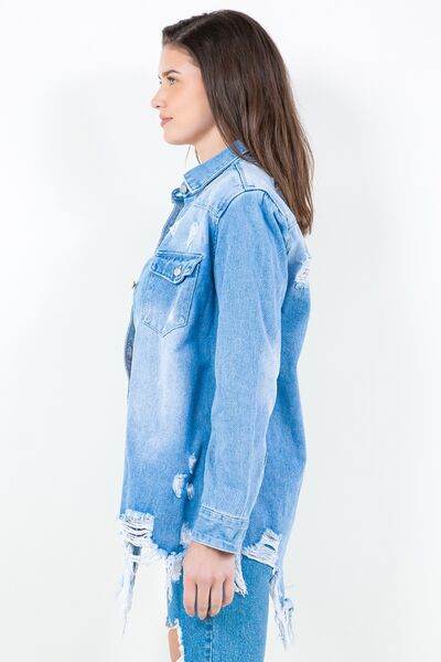 American Bazi Frayed Hem Distressed Denim Shirt Jacket - Hovatok