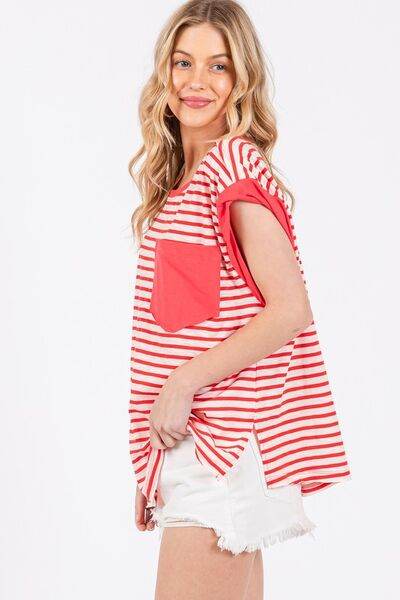Ces Femme Side Slit Striped Cap Sleeve T-Shirt - Hovatok