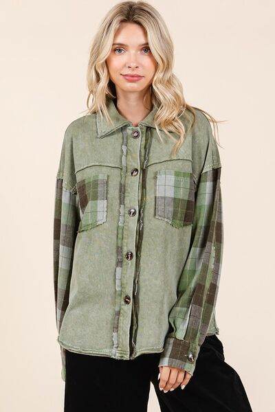 Mittoshop Button Down Contrast Plaid Patchwork Shacket - Hovatok