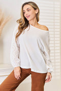 Shiny Eyelet Dropped Shoulder Round Neck Blouse - Hovatok
