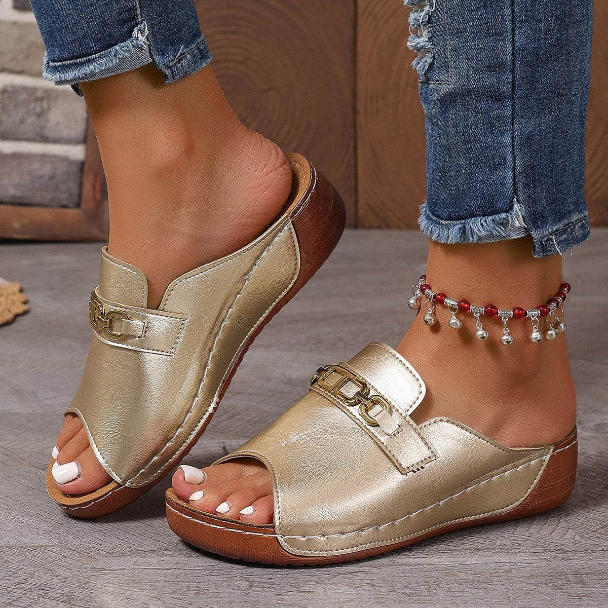 Open Toe Sandals with Metal Chain Decor - Hovatok