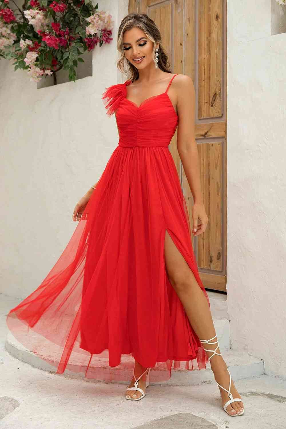 Asymmetrical Ruched Slit Dress - Hovatok