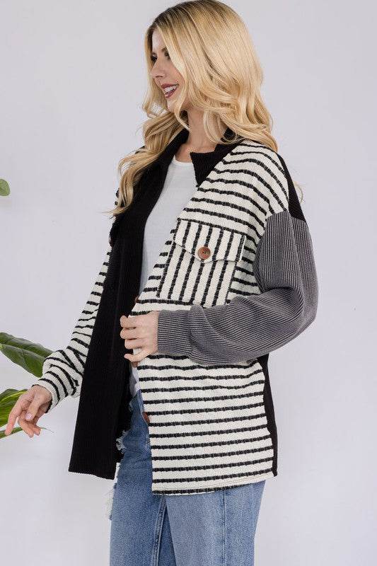 Celeste Full Size Striped Button Up Dropped Shoulder Shacket - Hovatok