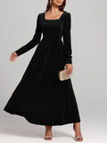 Velvet Square Neck Long Sleeve Dress - Hovatok