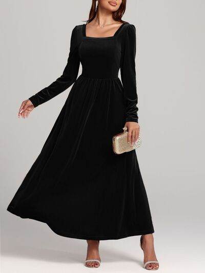 Velvet Square Neck Long Sleeve Dress - Hovatok