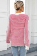 Angel Wings Striped Round Neck Long Sleeve Knit Top - Hovatok