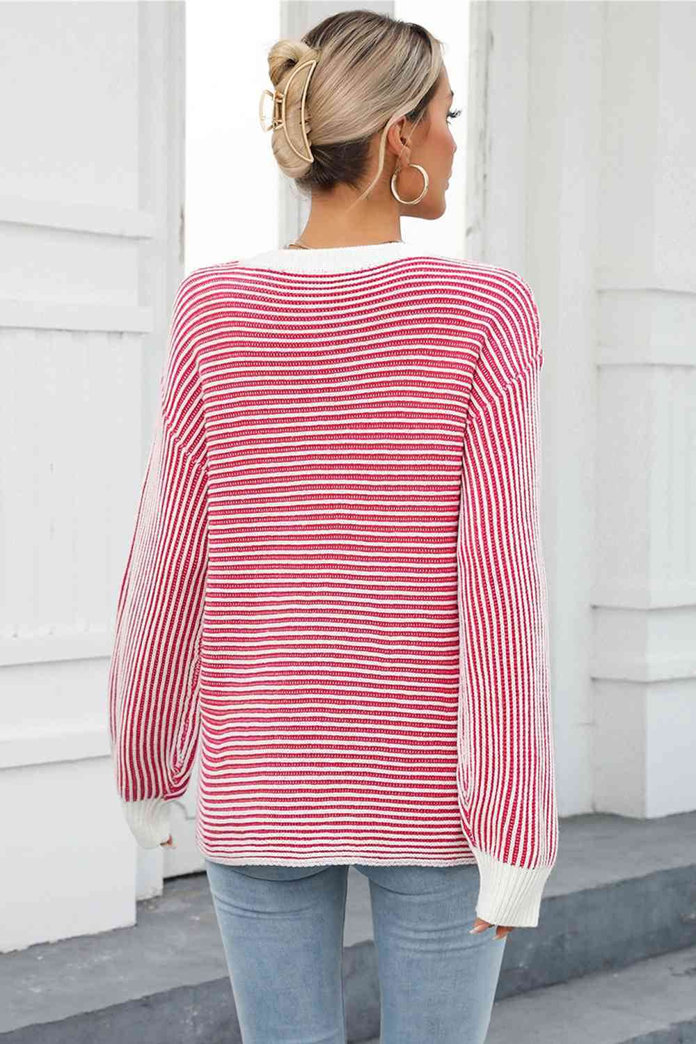 Angel Wings Striped Round Neck Long Sleeve Knit Top - Hovatok