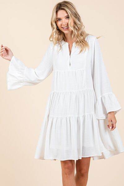 Mittoshop Tiered Notched Flare Sleeve Dress - Hovatok
