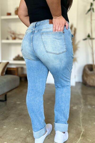 Judy Blue Full Size Distressed Straight Jeans with Patch Pockets - Hovatok