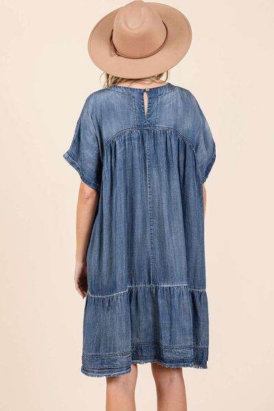 Mittoshop Washed Chambray Denim Oversized Tier Mini Dress - Hovatok