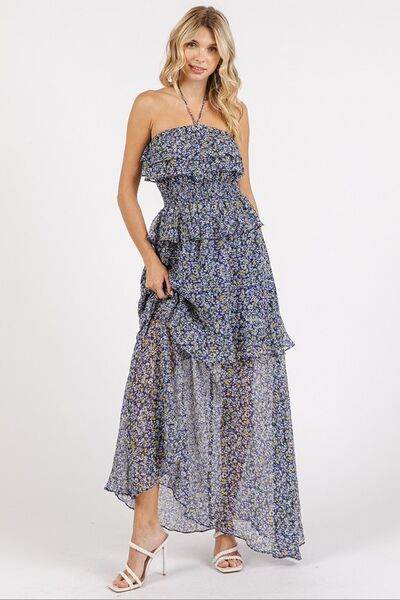 Mittoshop Ruffled Smocked Floral Halter Neck Maxi Dress - Hovatok