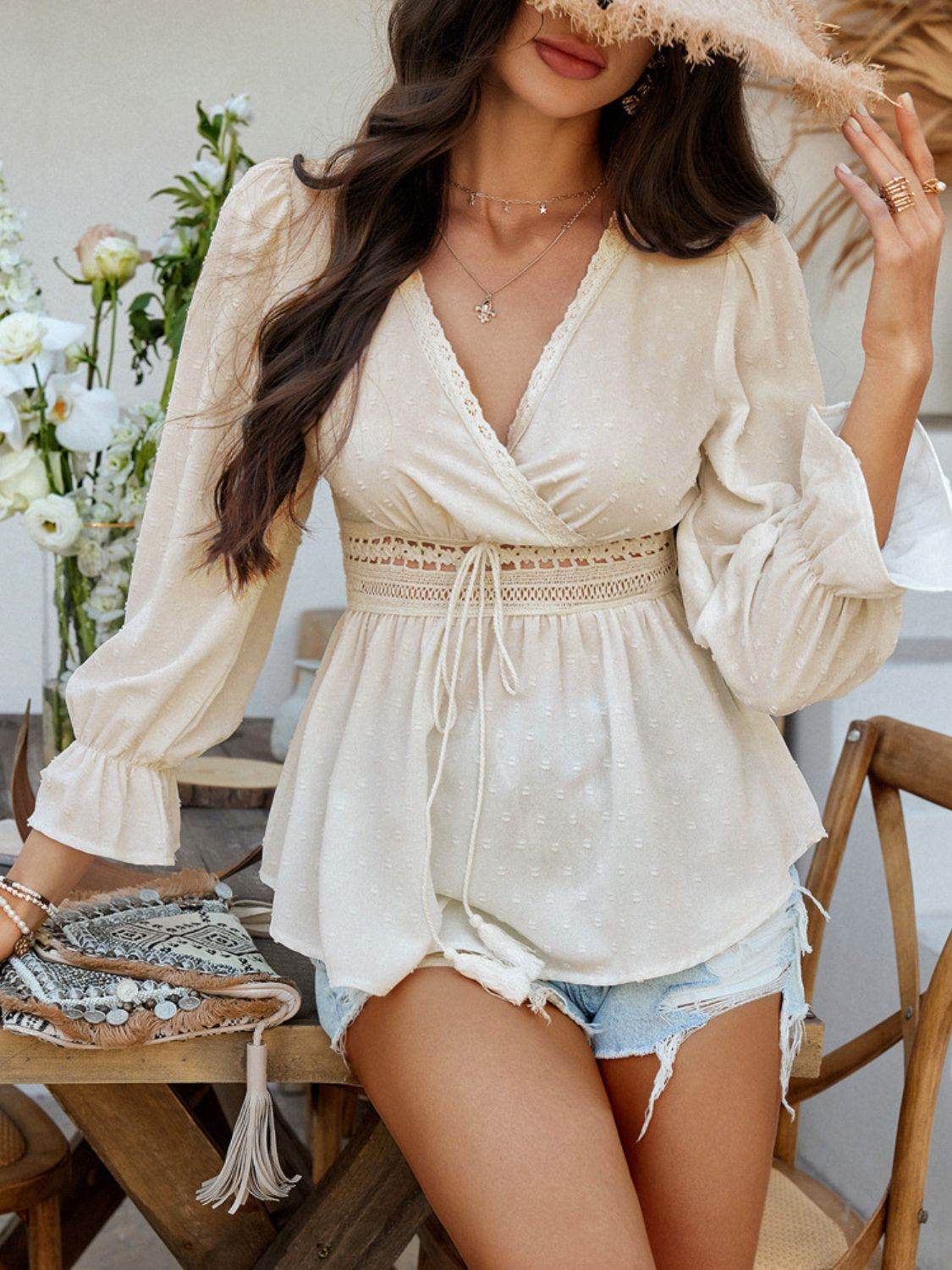 Devine Swiss Dot Lace Detail Surplice Flounce Sleeve Blouse - Hovatok