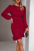 Devine Ruched Ruffled Balloon Sleeve Mini Dress - Hovatok