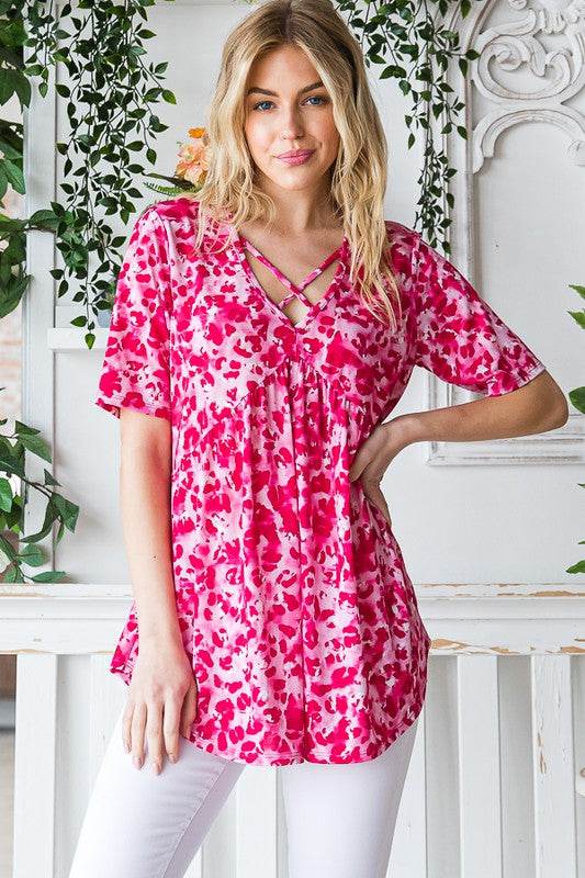 Heimish Full Size Short Sleeve Crisscross Animal Babydoll Top Plus Size - Hovatok