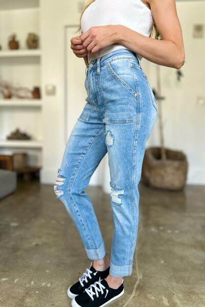 Judy Blue Full Size Distressed Straight Jeans with Patch Pockets - Hovatok