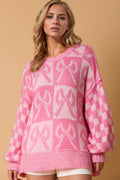 Double Take Full Size Checkered Bow Contrast Long Sleeve Sweater - Hovatok