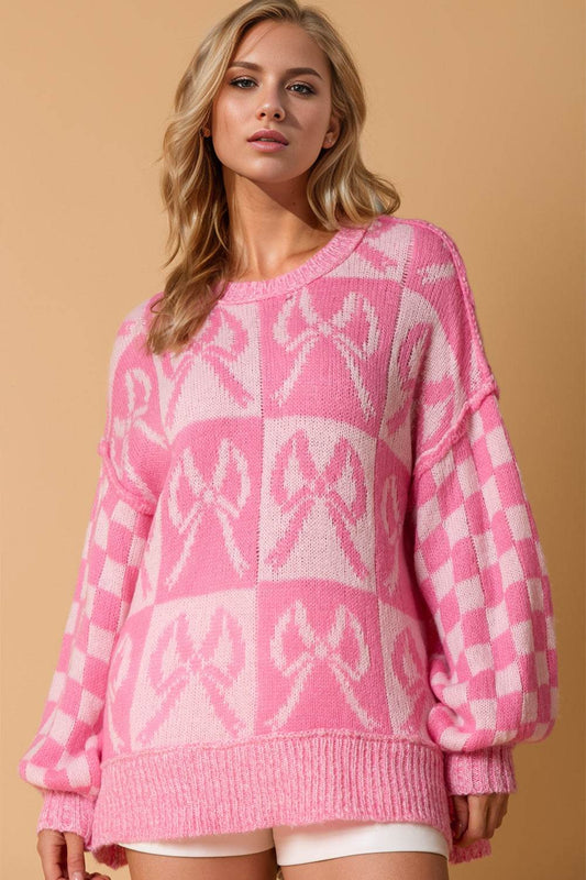 Double Take Full Size Checkered Bow Contrast Long Sleeve Sweater - Hovatok