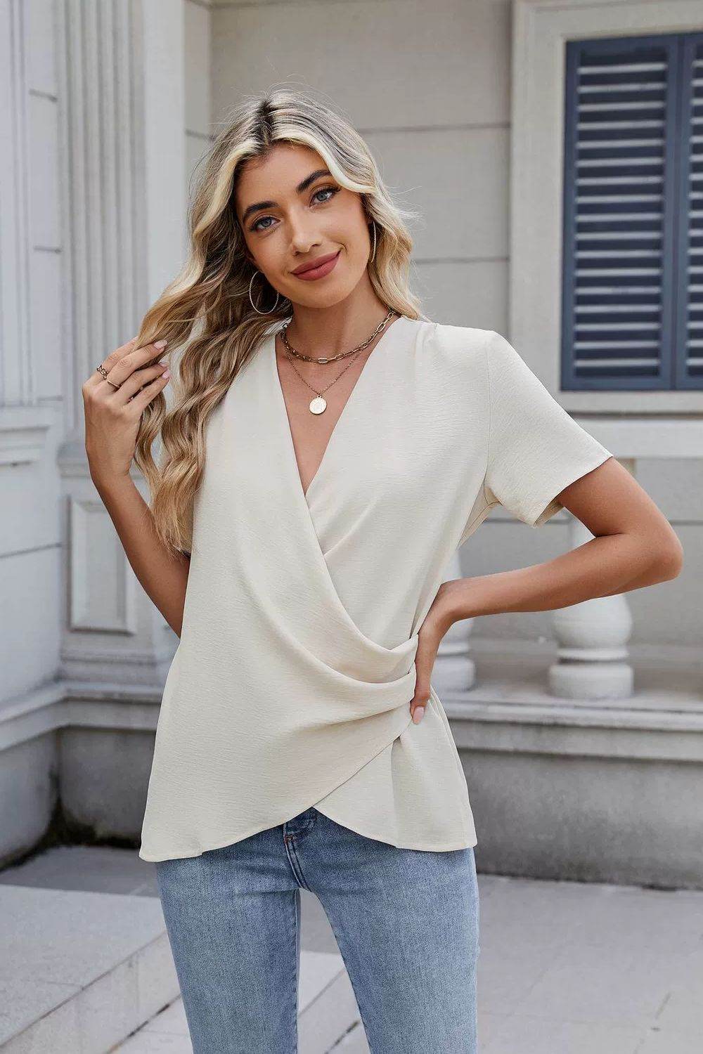 Solid Color Surplice Short Sleeve Blouse - Hovatok