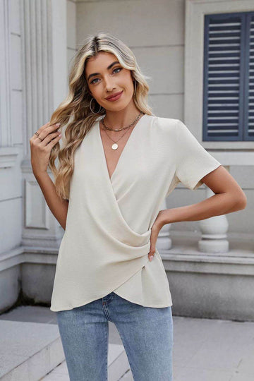 Solid Color Surplice Short Sleeve Blouse - Hovatok