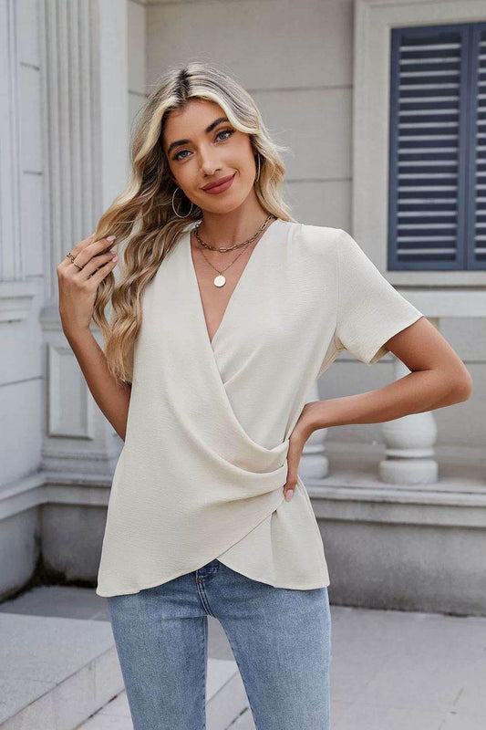 Solid Color Surplice Short Sleeve Blouse - Hovatok