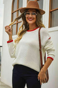 Angel Wings Round Neck Long Sleeve Waffle-Knit Sweater - Hovatok