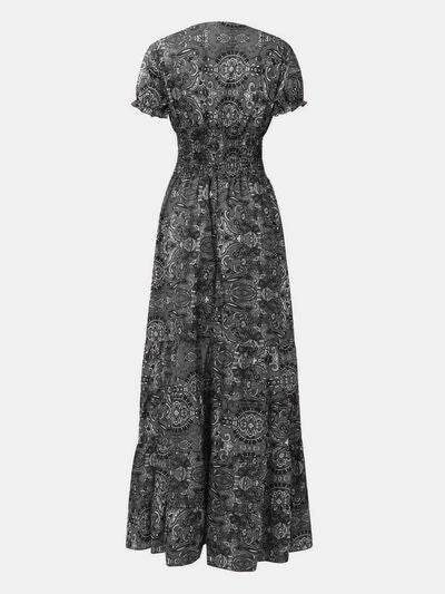 Full Size Smocked Printed V-Neck Short Sleeve Dress - Hovatok