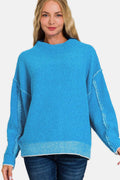 Zenana Exposed Seam Mock Neck Long Sleeve Sweater - Hovatok