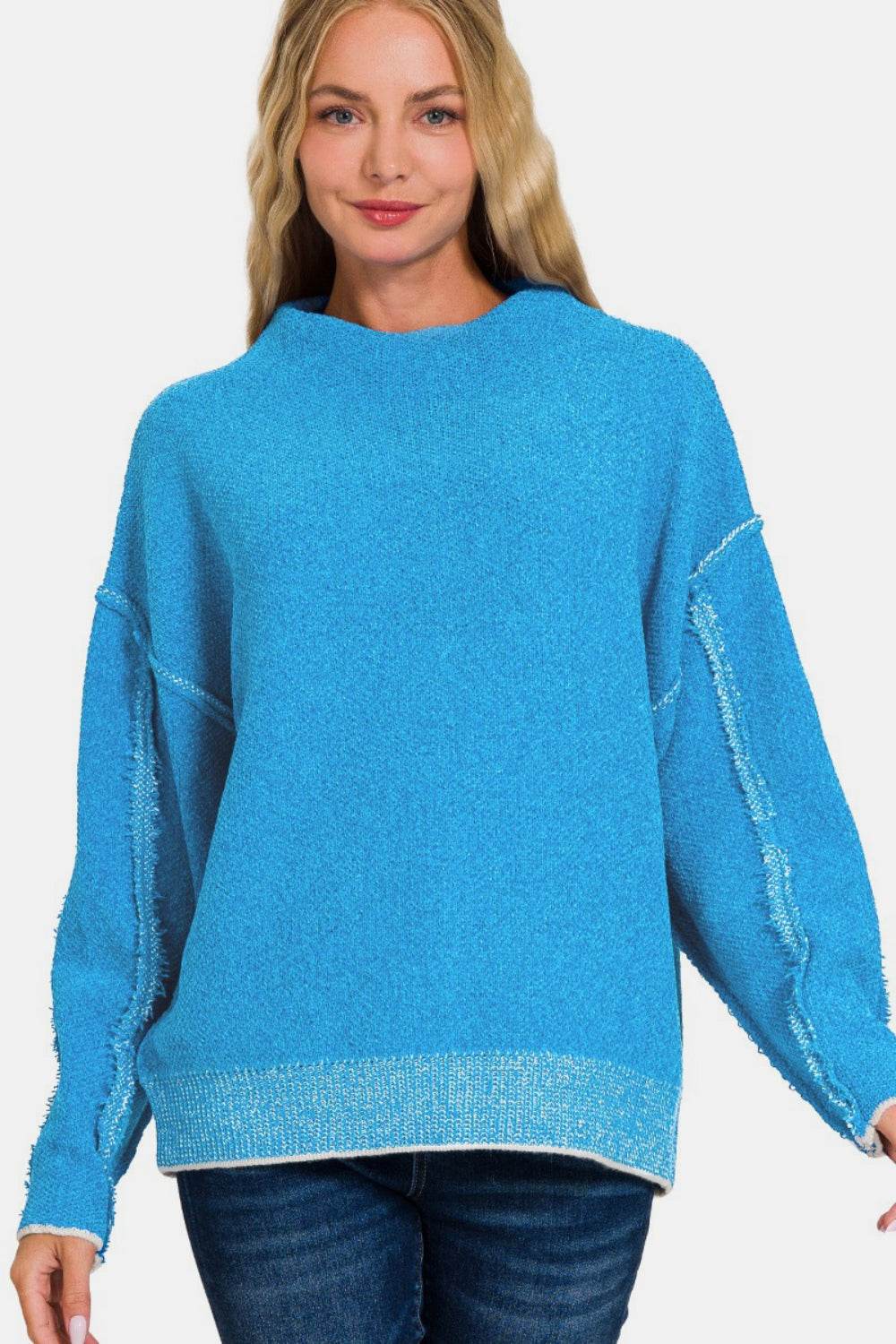 Zenana Exposed Seam Mock Neck Long Sleeve Sweater - Hovatok