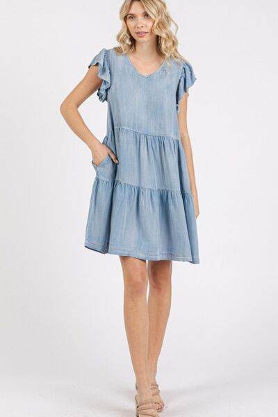 Mittoshop V-Neck Ruffled Cap Sleeve Mini Dress - Hovatok