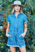 Veveret Elastic Waistband Denim Romper - Hovatok
