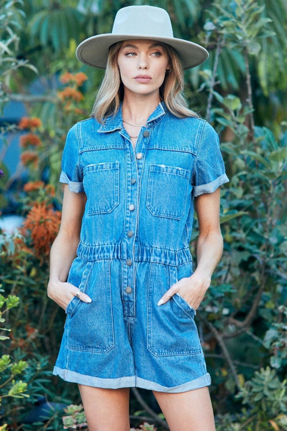 Veveret Elastic Waistband Denim Romper - Hovatok