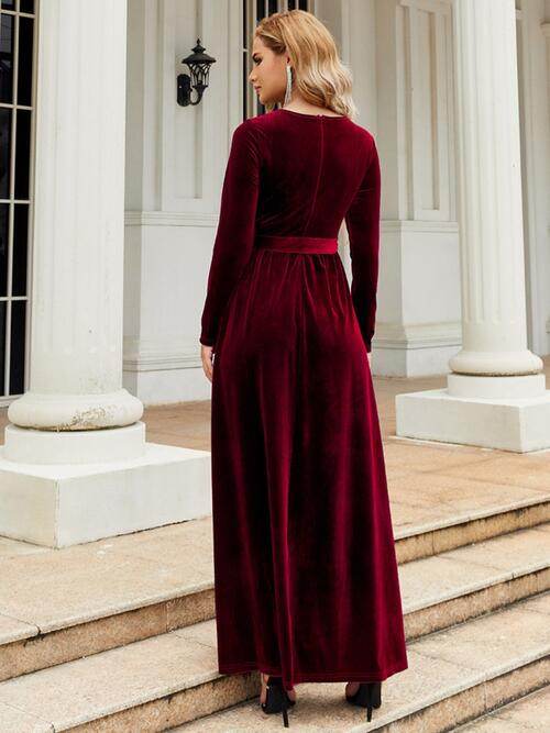 Tie Front Round Neck Long Sleeve Maxi Dress - Hovatok