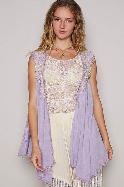 POL Embroidered Pearls Open Front Sleeveless Cardigan - Hovatok