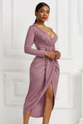 High-low Ruched Surplice Long Sleeve Dress - Hovatok
