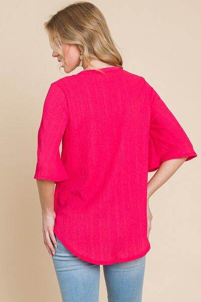 BOMBOM Texture Decorative Button V-Neck Top - Hovatok