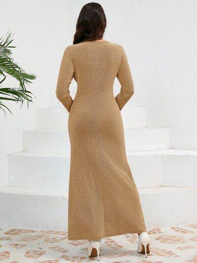 Ruched Round Neck Long Sleeve Dress - Hovatok